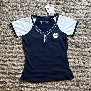 Antigua Women's Navy and White Jersey Top with The University of Notre Dame Logo